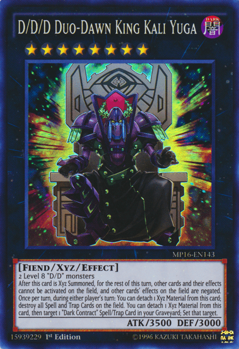 1st Edition, 2016 Mega-Tins Mega Pack, Dark, Fiend, Super Rare, Unlimited, Xyz/Effect Monster D/D/D Duo-Dawn King Kali Yuga [MP16-EN143] Super Rare - Trading Card World