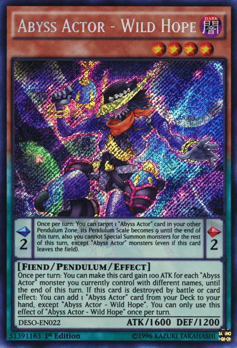 1st Edition, Dark, Destiny Soldiers, Fiend, Pendulum/Effect Monster, Secret Rare Abyss Actor - Wild Hope [DESO-EN022] Secret Rare - Trading Card World