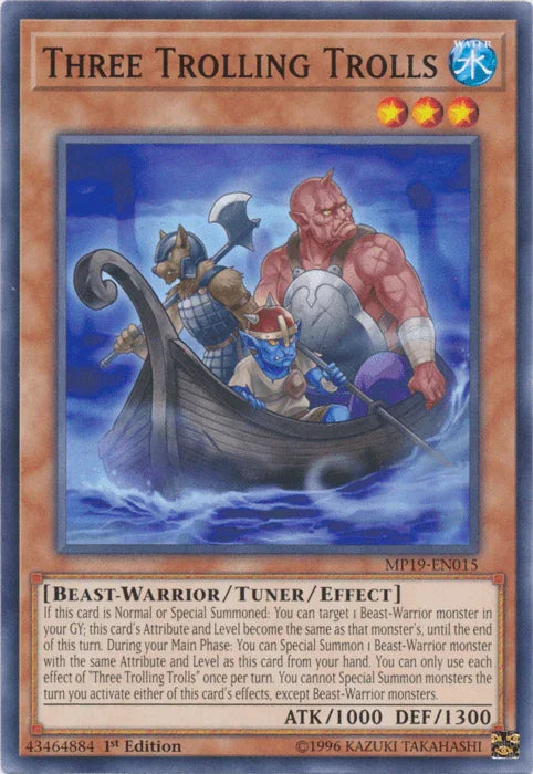 1st Edition, 2019 Gold Sarcophagus Tin Mega Pack, Beast-Warrior, Common, Tuner/Effect Monster, Unlimited, Water Three Trolling Trolls [MP19-EN015] Common - Trading Card World