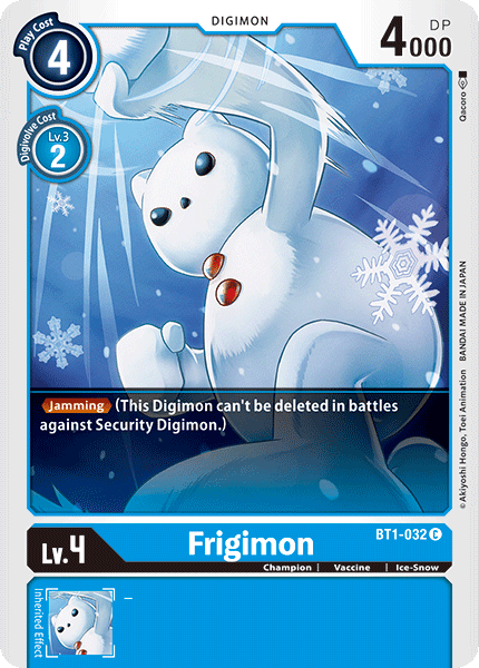 Blue, BT1-032, Champion, Common, Digimon, Ice-Snow, Release Special Booster Ver.1.0, Vaccine Frigimon [BT1-032] [Release Special Booster Ver.1.0] - Trading Card World