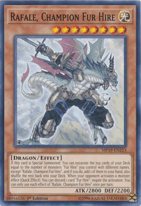 1st Edition, 2019 Gold Sarcophagus Tin Mega Pack, Common, Dragon, Effect Monster, Light, Unlimited Rafale, Champion Fur Hire [MP19-EN253] Common - Trading Card World