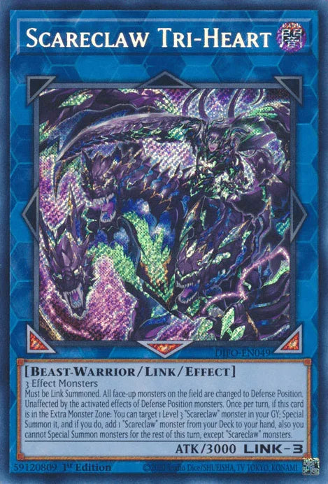 1st Edition, Dark, Dimension Force, Link/Effect Monster, Secret Rare, Warrior Scareclaw Tri-Heart [DIFO-EN049] Secret Rare - Trading Card World