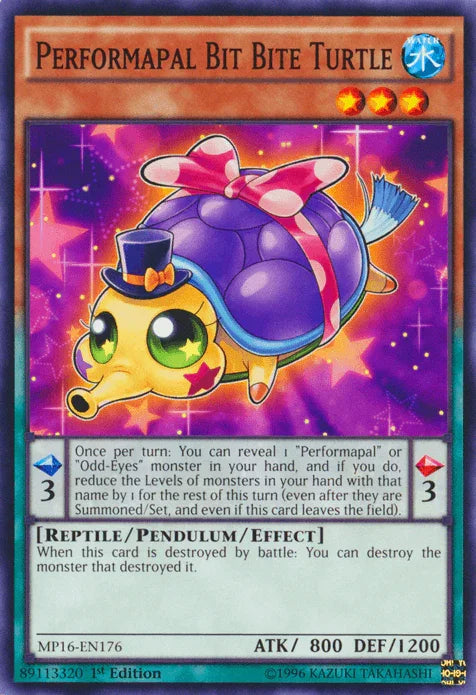 1st Edition, 2016 Mega-Tins Mega Pack, Common, Pendulum/Effect Monster, Reptile, Unlimited, Water Performapal Bit Bite Turtle [MP16-EN176] Common - Trading Card World
