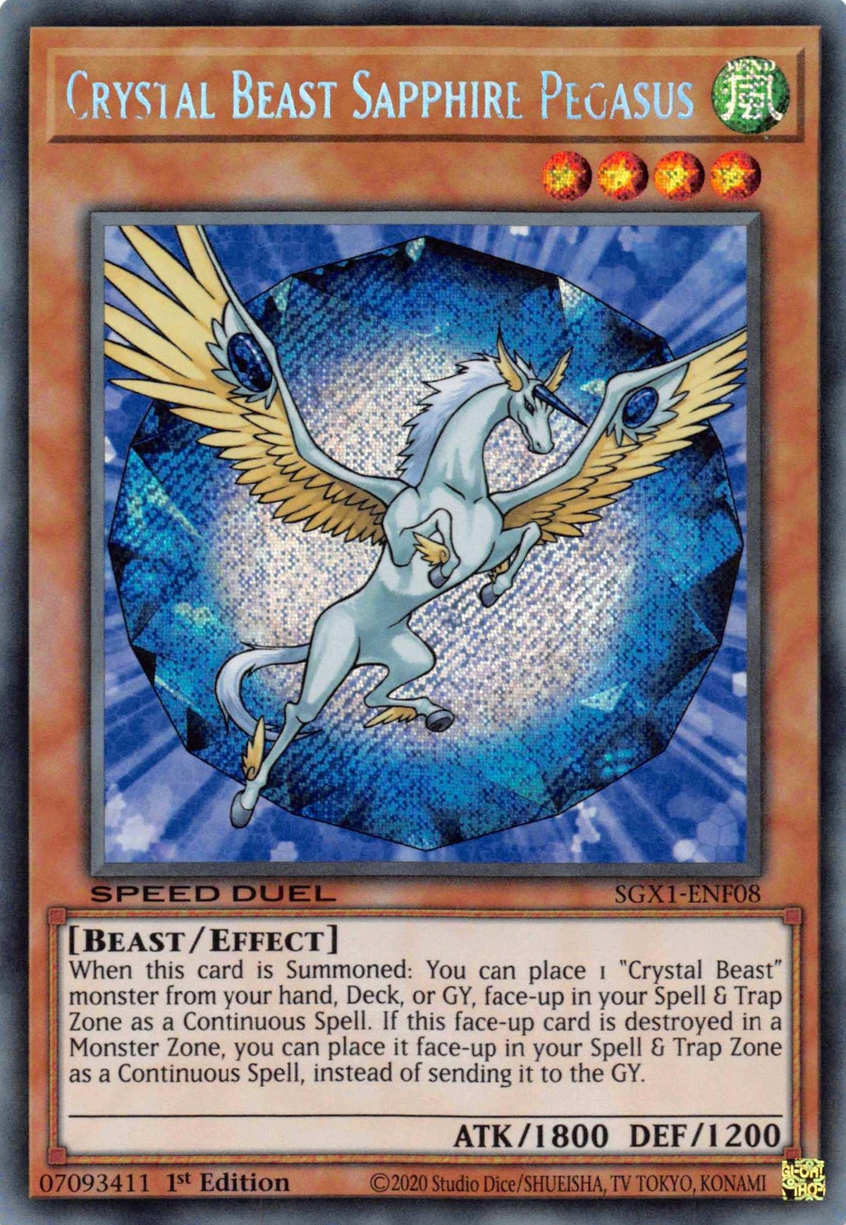 1st Edition, Beast, Effect Monster, Secret Rare, Speed Duel GX: Duel Academy Box, Wind Crystal Beast Sapphire Pegasus [SGX1-ENF08] Secret Rare - Trading Card World