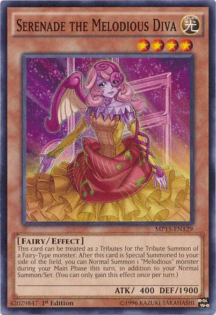 1st Edition, 2015 Mega-Tins Mega Pack, Common, Effect Monster, Fairy, Light Serenade the Melodious Diva [MP15-EN129] Common - Trading Card World