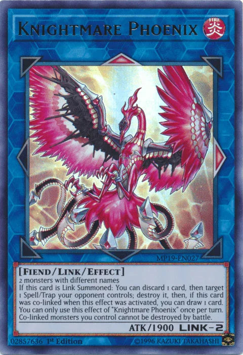 1st Edition, 2019 Gold Sarcophagus Tin Mega Pack, Fiend, Fire, Link/Effect Monster, Ultra Rare, Unlimited Knightmare Phoenix [MP19-EN027] Ultra Rare - Trading Card World