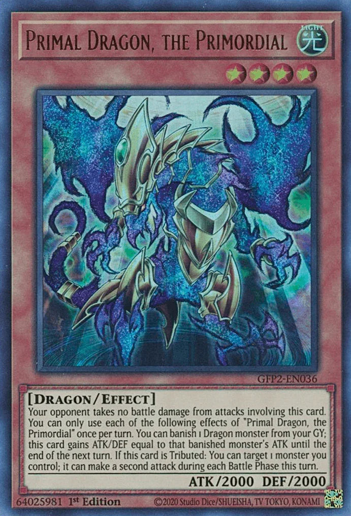 1st Edition, Dragon, Effect Monster, Ghosts From the Past: The 2nd Haunting, Light, Ultra Rare Primal Dragon, the Primordial [GFP2-EN036] Ultra Rare - Trading Card World