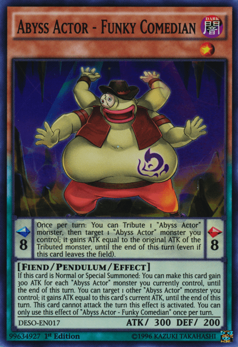1st Edition, Dark, Destiny Soldiers, Fiend, Pendulum/Effect Monster, Super Rare Abyss Actor - Funky Comedian [DESO-EN017] Super Rare - Trading Card World