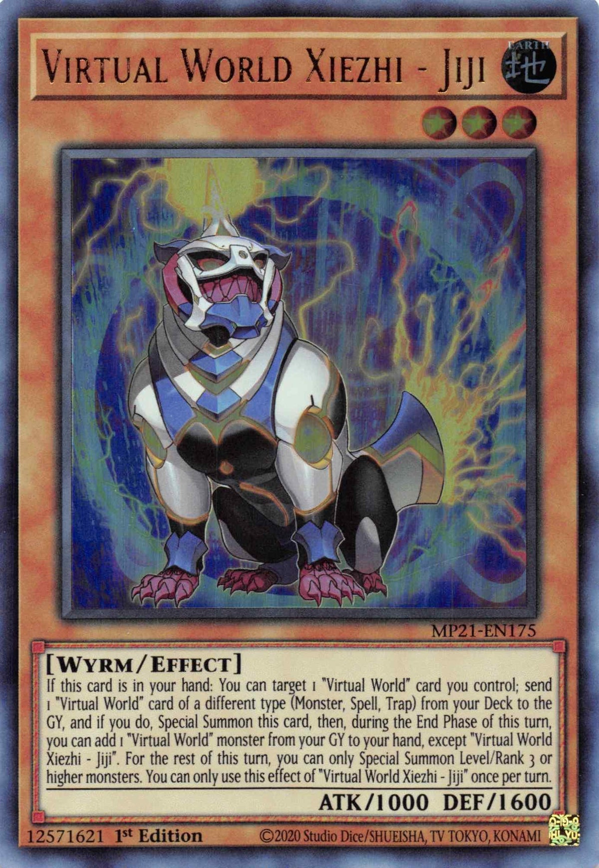1st Edition, 2021 Tin of Ancient Battles, Earth, Effect Monster, Ultra Rare, Wyrm Virtual World Xiezhi - Jiji [MP21-EN175] Ultra Rare - Trading Card World