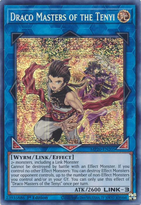 1st Edition, 2020 Tin of Lost Memories, Light, Link/Effect Monster, Prismatic Secret Rare, Wyrm Draco Masters of the Tenyi [MP20-EN205] Prismatic Secret Rare - Trading Card World