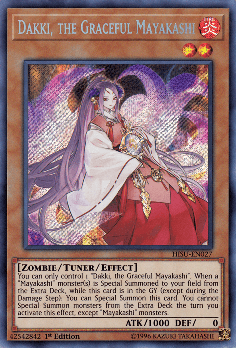 1st Edition, Fire, Hidden Summoners, Secret Rare, Tuner/Effect Monster, Zombie Dakki, the Graceful Mayakashi [HISU-EN027] Secret Rare - Trading Card World