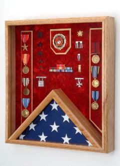 US Marine Corps Flag medal display case - Oak
