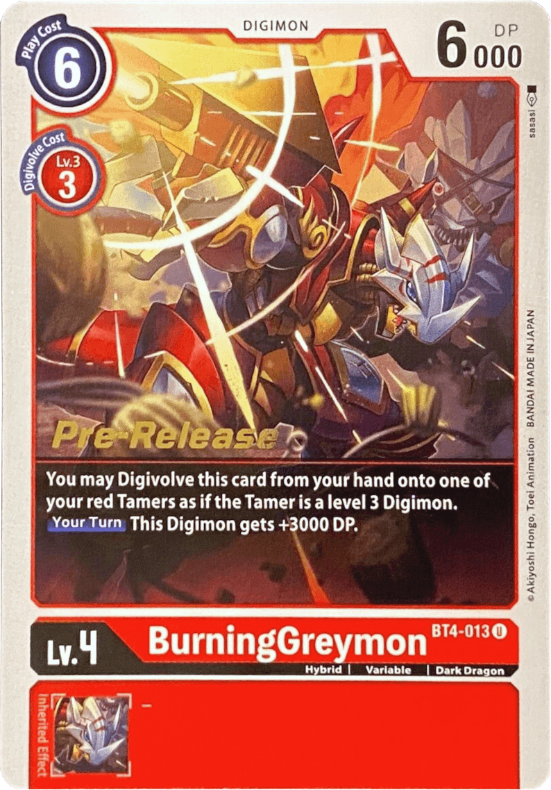 BT4-013, Dark Dragon, Digimon, Great Legend Pre-Release Promos, Hybrid, Promo, Red, Variable BurningGreymon [BT4-013] [Great Legend Pre-Release Promos] - Trading Card World