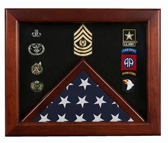 Military Flag medal display case, Mahogany wood for 3x5 flag, Black felt