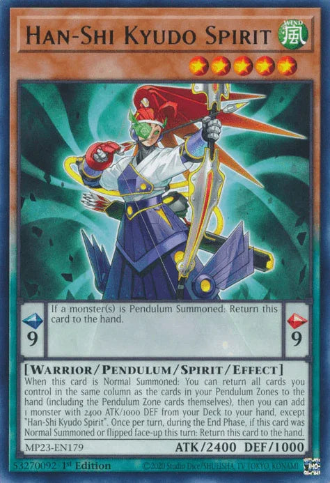 1st Edition, Dueling Heroes Collectors Tin - Mega Pack (25th Anniversary Edition), Pendulum/Spirit/Effect Monster, Rare, Warrior, Wind Han-Shi Kyudo Spirit [MP23-EN179] Rare - Trading Card World