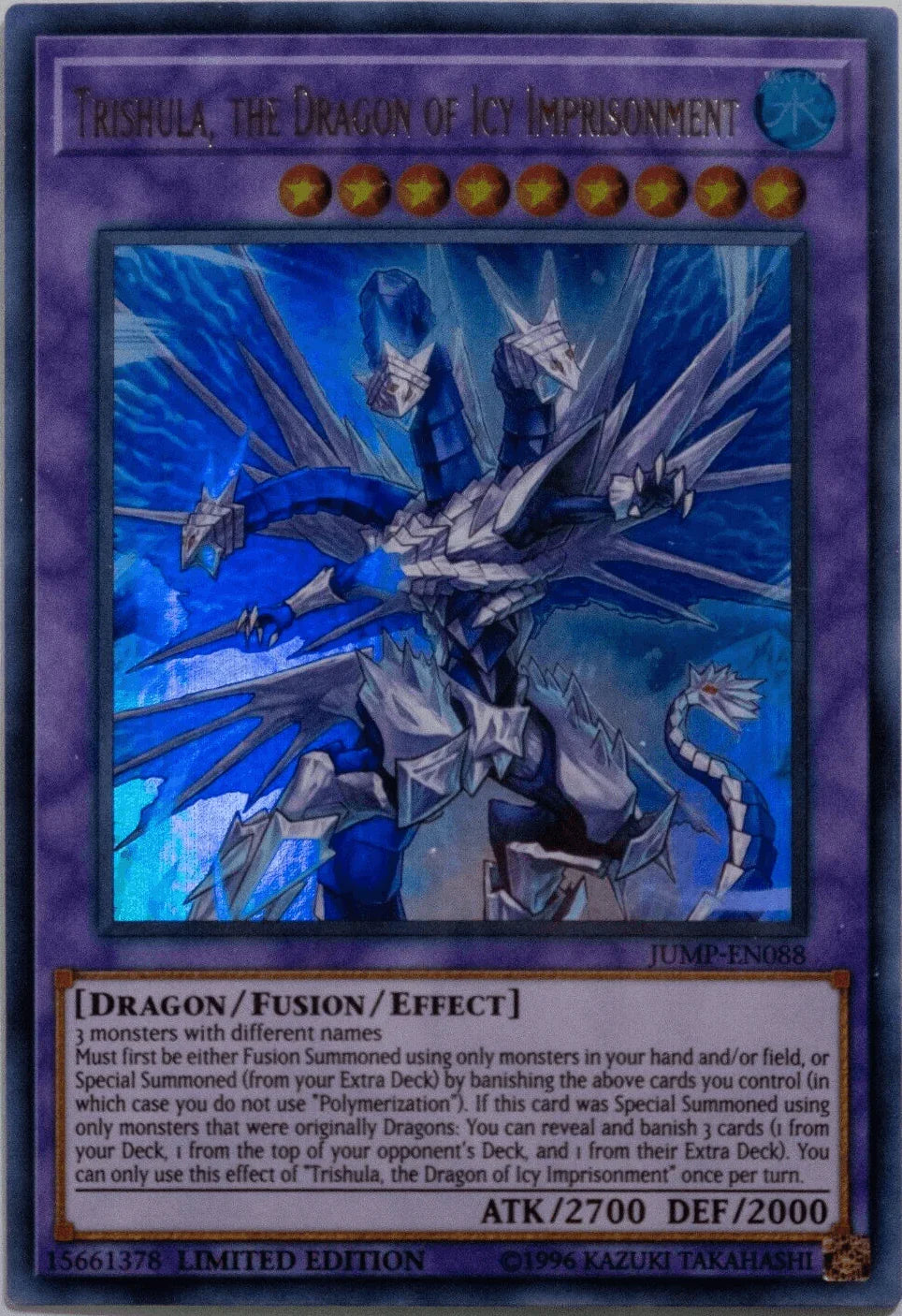 Dragon, Fusion/Effect Monster, Limited, Shonen Jump Magazine Promos, Ultra Rare, Water Trishula, the Dragon of Icy Imprisonment [JUMP-EN088] Ultra Rare - Trading Card World