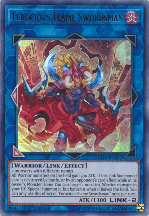 1st Edition, Duel Overload, Fire, Link/Effect Monster, Ultra Rare, Warrior Ferocious Flame Swordsman [DUOV-EN032] Ultra Rare - Trading Card World