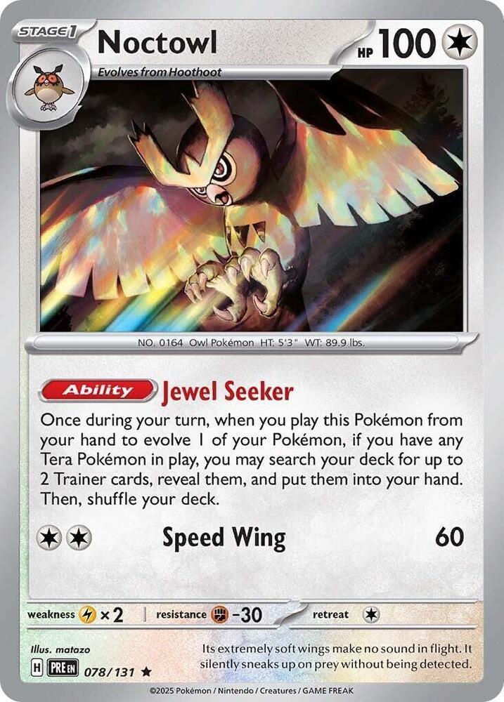 078, Colorless, Fighting [-30], Holofoil, Lightning [x2], Rare, Reverse Holofoil, Scarlet & Violet: Prismatic Evolutions Noctowl (078/131) [Scarlet & Violet: Prismatic Evolutions] - Trading Card World