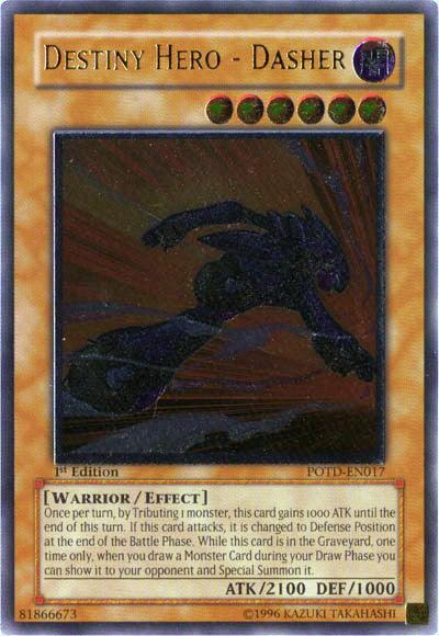 1st Edition, Dark, Effect Monster, Power of the Duelist, Ultimate Rare, Unlimited, Warrior Destiny Hero - Dasher [POTD-EN017] Ultimate Rare - Trading Card World
