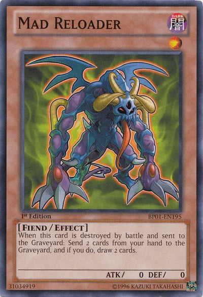 1st Edition, Battle Pack: Epic Dawn, Common, Dark, Effect Monster, Fiend, Unlimited Mad Reloader [BP01-EN195] Common - Trading Card World