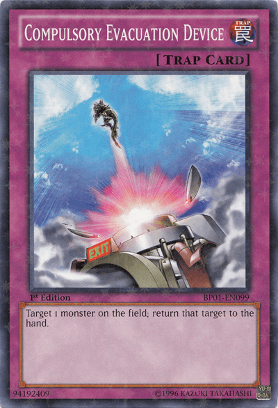 1st Edition, Battle Pack: Epic Dawn, Normal Trap, Starfoil Rare, Trap, Unlimited Compulsory Evacuation Device [BP01-EN099] Starfoil Rare - Trading Card World