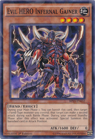 1st Edition, Battle Pack 3: Monster League, Earth, Effect Monster, Fiend, Shatterfoil Rare Evil HERO Infernal Gainer [BP03-EN032] Shatterfoil Rare - Trading Card World