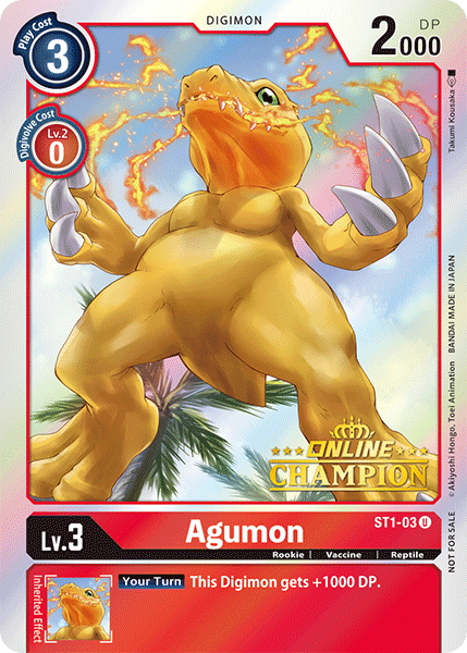 Digimon, Red, Reptile, Rookie, ST1-03, Starter Deck: Gaia Red Promos, Uncommon, Vaccine Agumon [ST1-03] (Online Champion) [Starter Deck: Gaia Red Promos] - Trading Card World