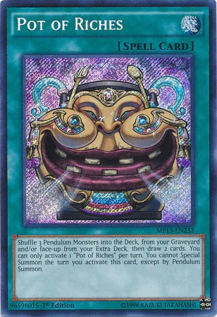 1st Edition, 2015 Mega-Tins Mega Pack, Normal Spell, Secret Rare, Spell Pot of Riches [MP15-EN233] Secret Rare - Trading Card World