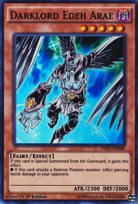 1st Edition, Dark, Destiny Soldiers, Effect Monster, Fairy, Super Rare Darklord Edeh Arae [DESO-EN040] Super Rare - Trading Card World