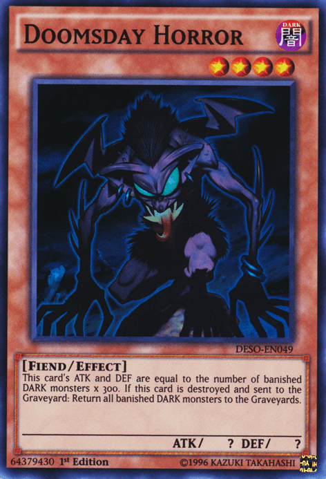 1st Edition, Dark, Destiny Soldiers, Effect Monster, Fiend, Super Rare Doomsday Horror [DESO-EN049] Super Rare - Trading Card World