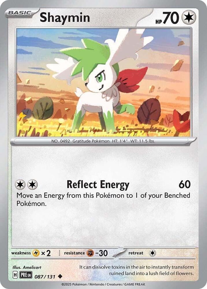087, Colorless, Fighting [-30], Lightning [x2], Normal, Reverse Holofoil, Scarlet & Violet: Prismatic Evolutions, Uncommon Shaymin (087/131) [Scarlet & Violet: Prismatic Evolutions] - Trading Card World