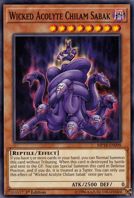 1st Edition, 2018 Mega-Tins Mega Pack, Common, Dark, Effect Monster, Reptile Wicked Acolyte Chilam Sabak [MP18-EN098] Common - Trading Card World
