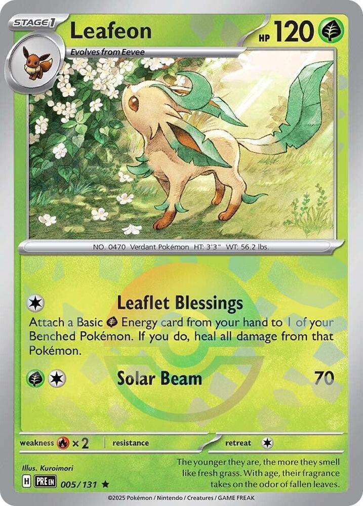 005, Fire [x2], Grass, Holofoil, Rare, Scarlet & Violet: Prismatic Evolutions Leafeon (005/131) (Poke Ball Pattern) [Scarlet & Violet: Prismatic Evolutions] - Trading Card World