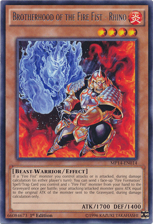 1st Edition, 2014 Mega-Tins Mega Pack, Beast-Warrior, Effect Monster, Fire, Rare Brotherhood of the Fire Fist - Rhino [MP14-EN014] Rare - Trading Card World