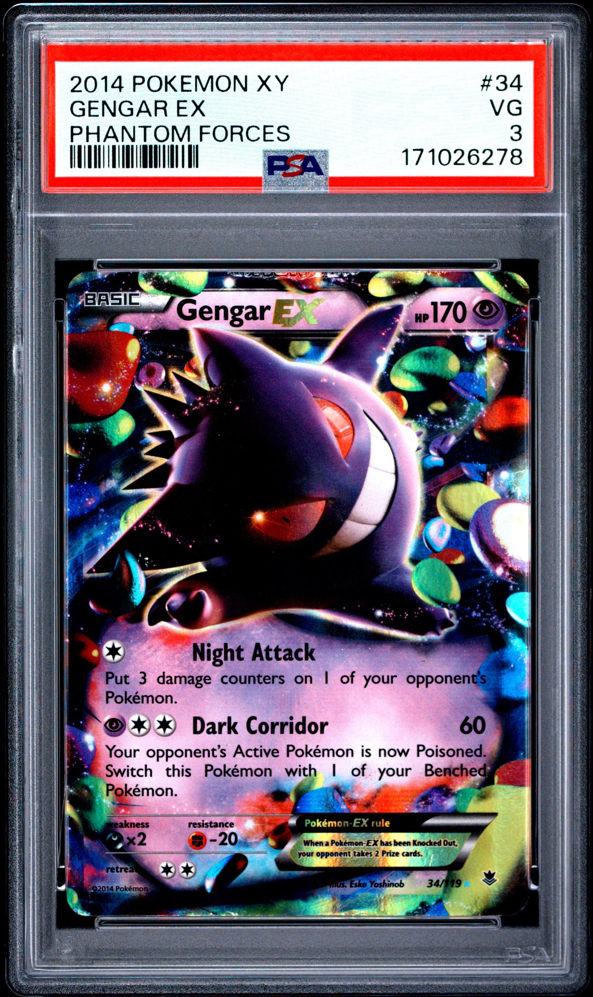 PSA 3 Gengar EX Phantom Forces #34 · Phantom Forces · 2014 — front