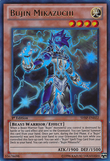 1st Edition, Beast-Warrior, Dark, Effect Monster, Shadow Specters, Ultra Rare, Unlimited Bujin Mikazuchi [SHSP-EN022] Ultra Rare - Trading Card World