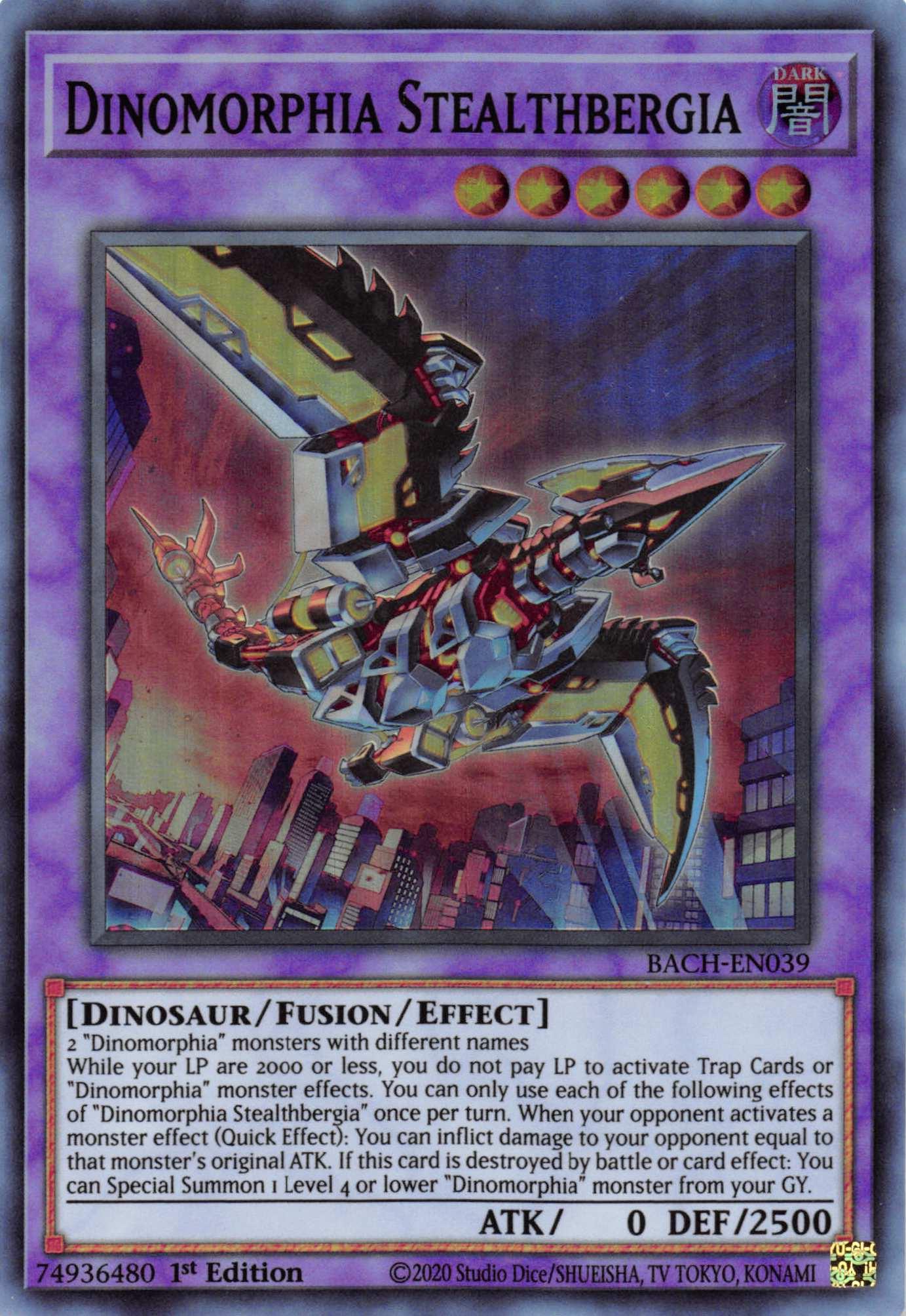 1st Edition, Battle of Chaos, Dark, Dinosaur, Fusion/Effect Monster, Super Rare Dinomorphia Stealthbergia [BACH-EN039] Super Rare - Trading Card World