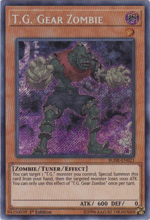1st Edition, Battles of Legend: Hero's Revenge, Dark, Secret Rare, Tuner/Effect Monster, Zombie T.G. Gear Zombie [BLHR-EN023] Secret Rare - Trading Card World
