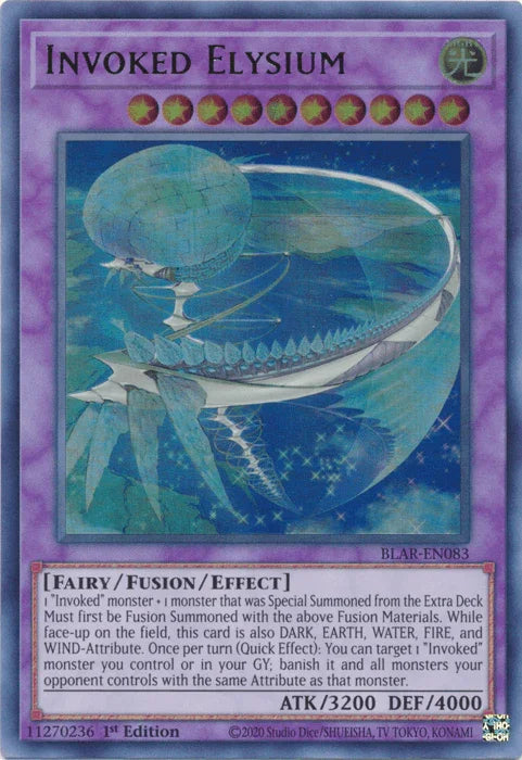 1st Edition, Battles of Legend: Armageddon, Fairy, Fusion/Effect Monster, Light, Ultra Rare Invoked Elysium [BLAR-EN083] Ultra Rare - Trading Card World