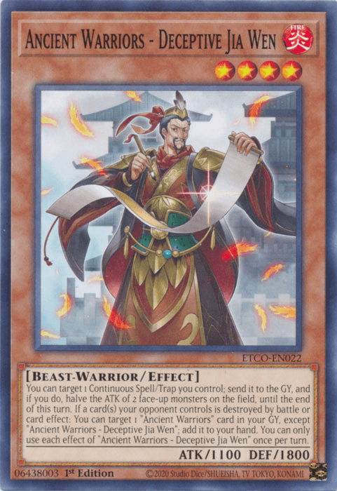 1st Edition, Beast-Warrior, Common, Effect Monster, Eternity Code, Fire Ancient Warriors - Deceptive Jia Wen [ETCO-EN022] Common - Trading Card World