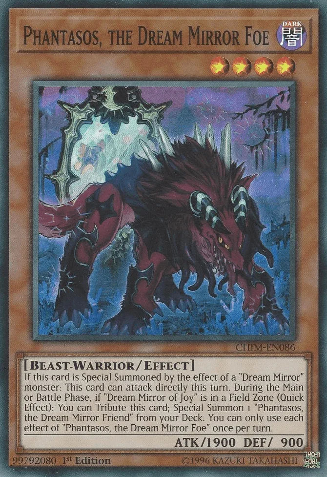1st Edition, Beast-Warrior, Chaos Impact, Dark, Effect Monster, Super Rare, Unlimited Phantasos, the Dream Mirror Foe [CHIM-EN086] Super Rare - Trading Card World