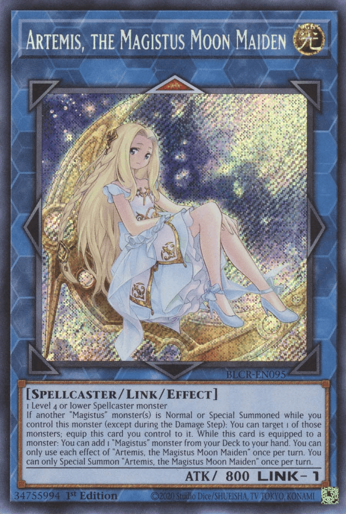1st Edition, Battles of Legend: Crystal Revenge, Light, Link/Effect Monster, Secret Rare, Spellcaster Artemis, the Magistus Moon Maiden [BLCR-EN095] Secret Rare - Trading Card World