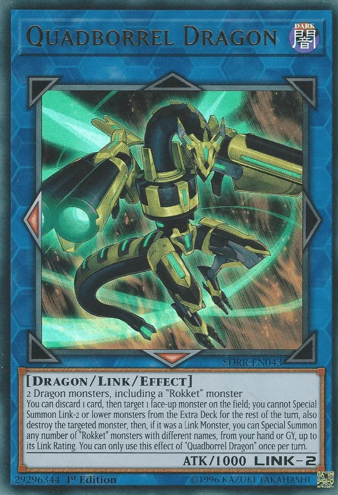 1st Edition, Dark, Dragon, Link/Effect Monster, Structure Deck: Rokket Revolt, Ultra Rare Quadborrel Dragon [SDRR-EN043] Ultra Rare - Trading Card World