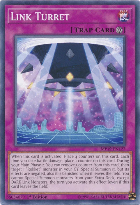 1st Edition, 2019 Gold Sarcophagus Tin Mega Pack, Common, Continuous Trap, Trap, Unlimited Link Turret [MP19-EN127] Common - Trading Card World