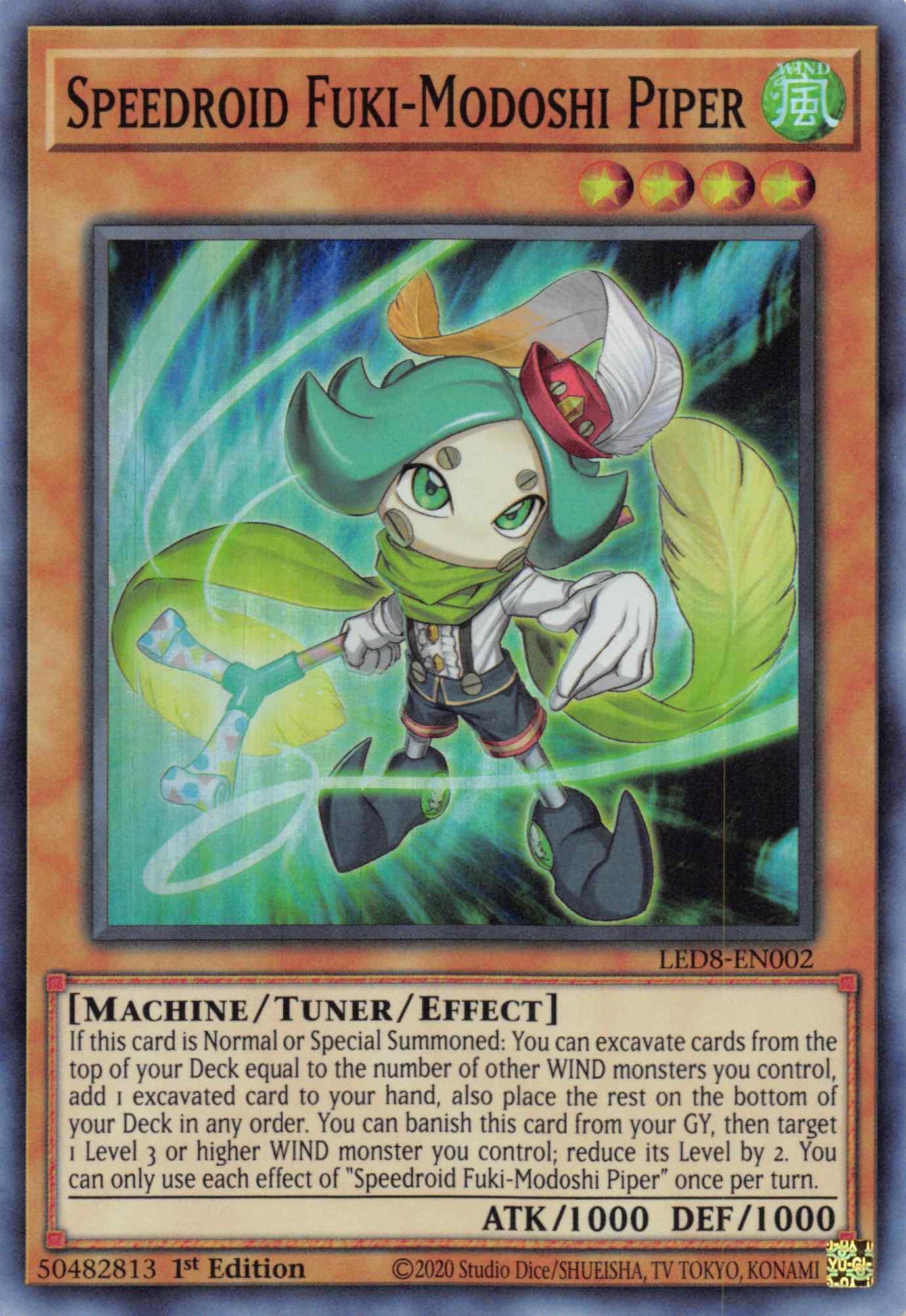 1st Edition, Legendary Duelists: Synchro Storm, Machine, Super Rare, Tuner/Effect Monster, Wind Speedroid Fuki-Modoshi Piper [LED8-EN002] Super Rare - Trading Card World