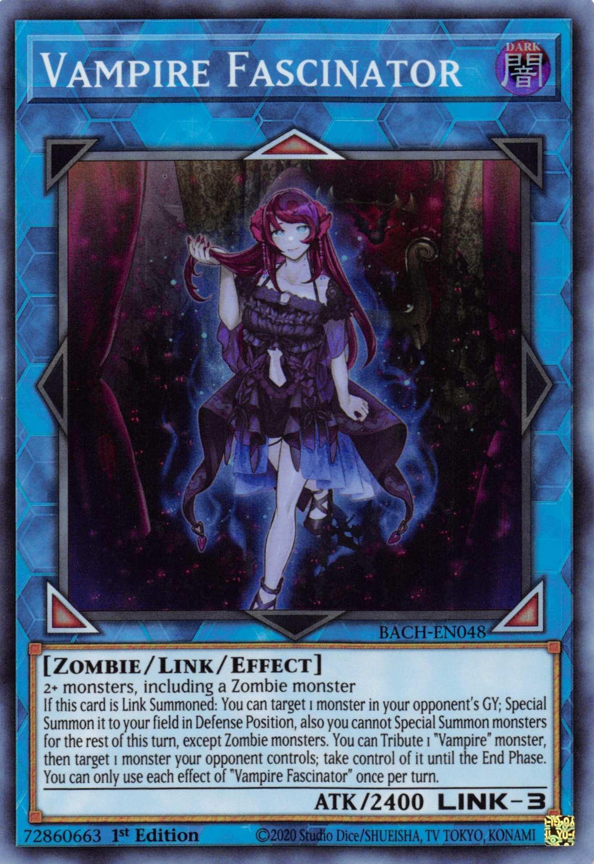 1st Edition, Battle of Chaos, Dark, Link/Effect Monster, Super Rare, Zombie Vampire Fascinator [BACH-EN048] Super Rare - Trading Card World
