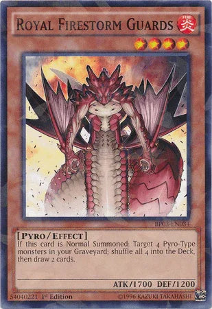 1st Edition, Battle Pack 3: Monster League, Effect Monster, Fire, Pyro, Shatterfoil Rare Royal Firestorm Guards [BP03-EN034] Shatterfoil Rare - Trading Card World