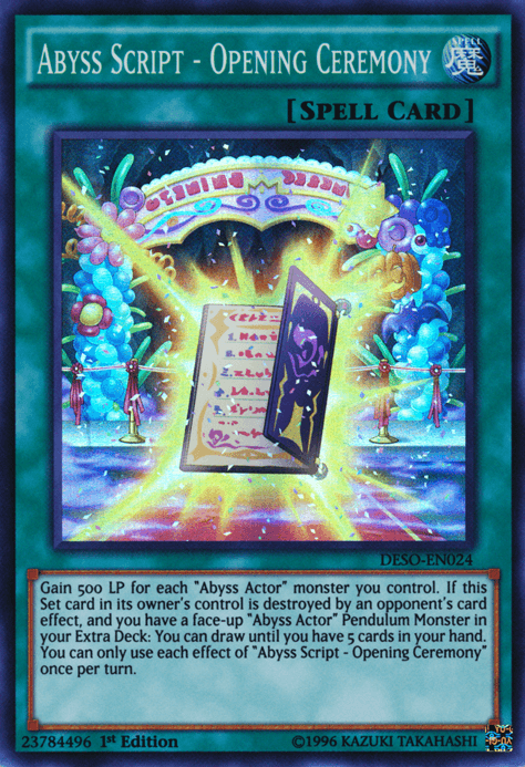 1st Edition, Destiny Soldiers, Normal Spell, Spell, Super Rare Abyss Script - Opening Ceremony [DESO-EN024] Super Rare - Trading Card World