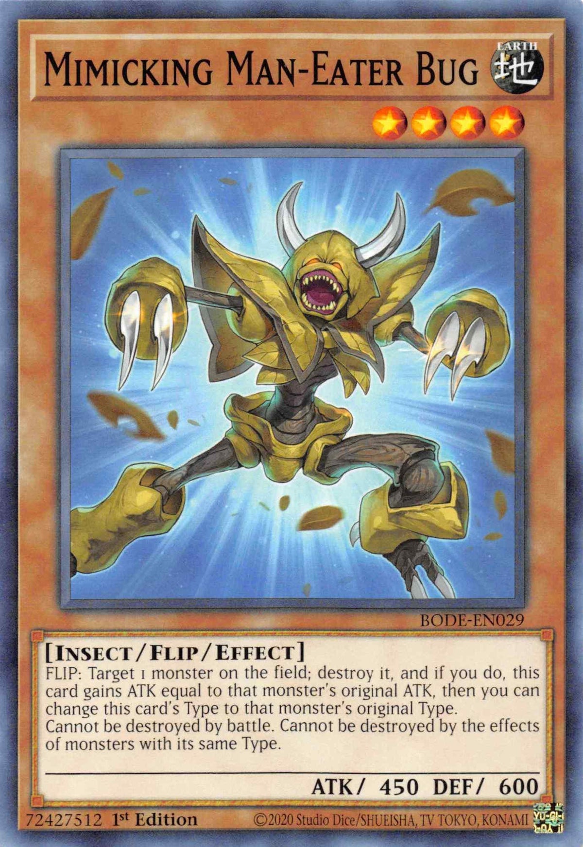 1st Edition, Burst of Destiny, Common, Earth, Flip monster, Insect Mimicking Man-Eater Bug [BODE-EN029] Common - Trading Card World