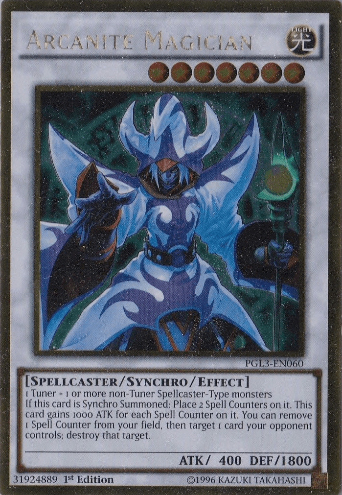 1st Edition, Gold Rare, Light, Premium Gold: Infinite Gold, Spellcaster, Synchro/Effect Monster Arcanite Magician [PGL3-EN060] Gold Rare - Trading Card World